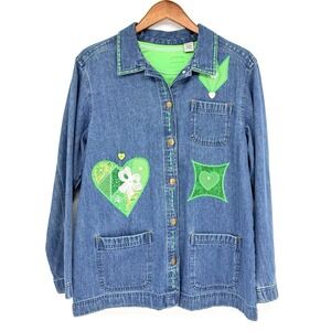 Classic Elements Womens Medium 10-12 Jean Top Green Accents St. Pattys Heart Vtg